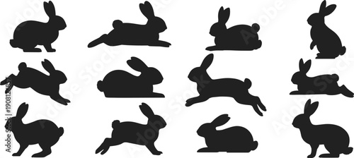 Rabbit silhouette set isolated on white background, black bunny collection in running, jumping, sitting and lying poses, cute Easter wildlife animal illustration for motion design.