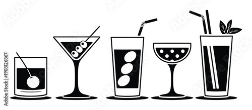 A Collection of Stylized Black and White Cocktail Icons