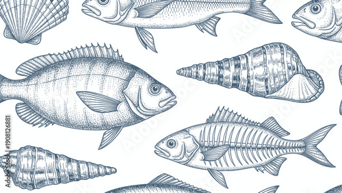 Detailed Sketch of Various Fish and Seashells in a Repeating Pattern.