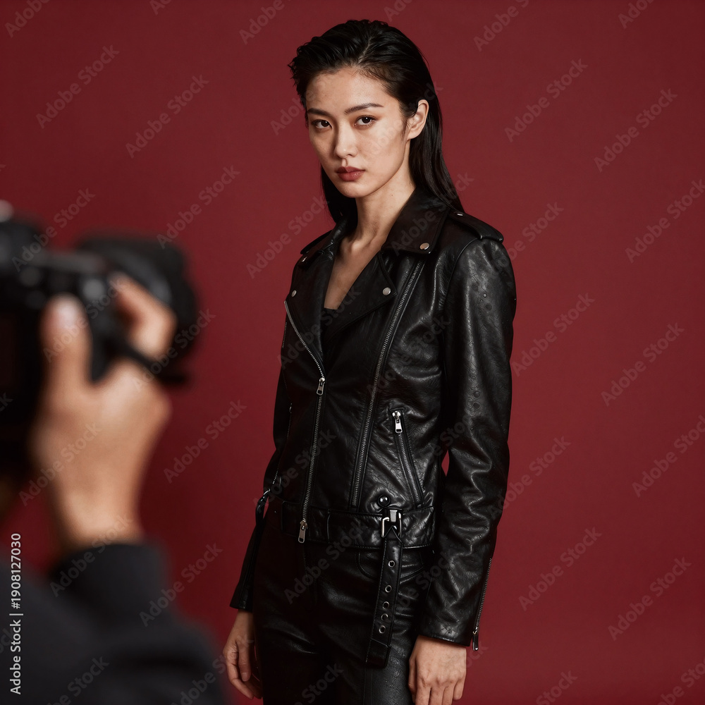 Naklejka premium Woman in black leather jacket poses for fashion shoot on red background