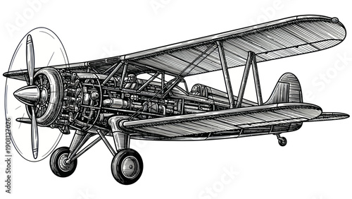 Detailed Vintage Biplane Aircraft Engine Exposed Drawing.
