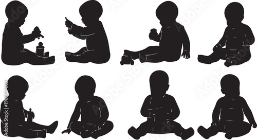Silhouettes of babies sitting and playing in various positions