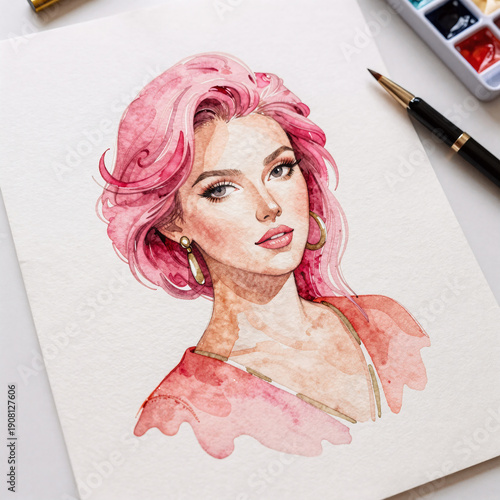 Elegant watercolor illustration with bright pink, peach orange and beige hues on crumpled paper texture design