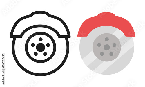 Brake pads and disc. Car braking system. Vector flat icon set.