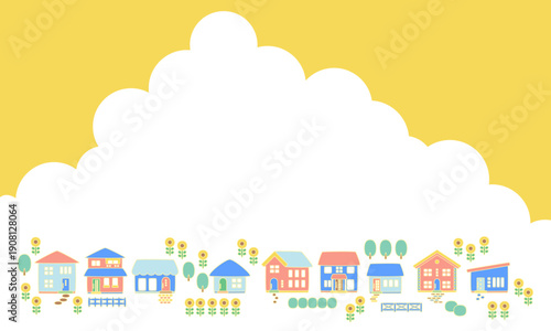 夏の青空とヒマワリの咲いている町並みフレーム背景素材_縁あり