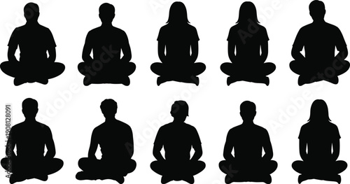 Meditation silhouettes set, men women sitting lotus pose, yoga mindfulness collection, calm wellness lifestyle, spiritual balance, isolated vector illustration