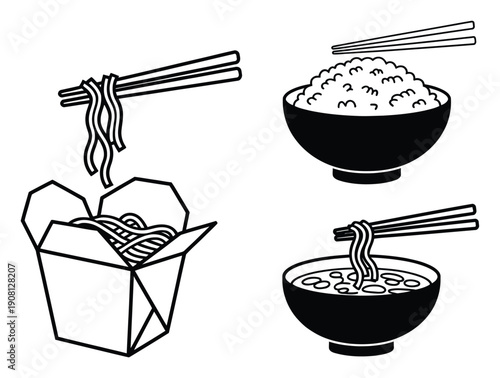 Asian Food Icons: Noodles, Rice, and Chopsticks