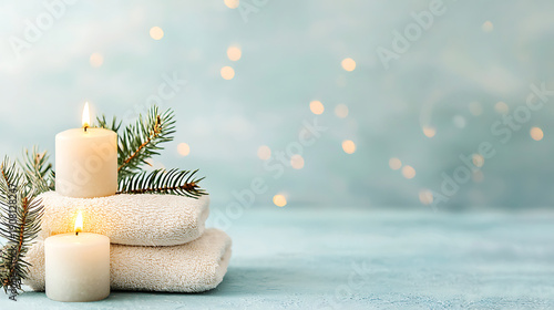 Soft towels and candles create serene spa atmosphere, perfect for relaxation and aromatherapy. Enjoy peaceful moment of tranquility