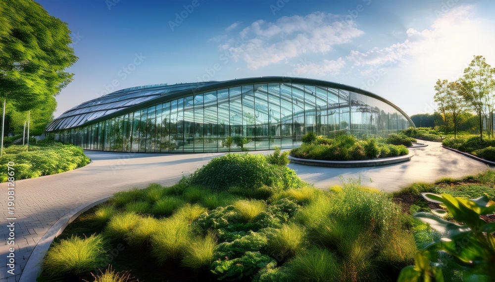 Fototapeta premium modern glass biotech center lush green landscape plant garden