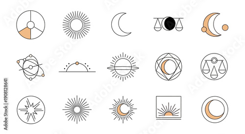 Minimalist celestial and astrological line art icons with sun, moon, and geometric shapes.