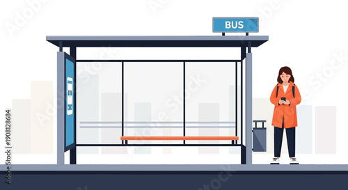Woman Waiting at Bus Stop with Smartphone