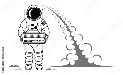 Astronaut playing a keyboard with rocket exhaust on the moon