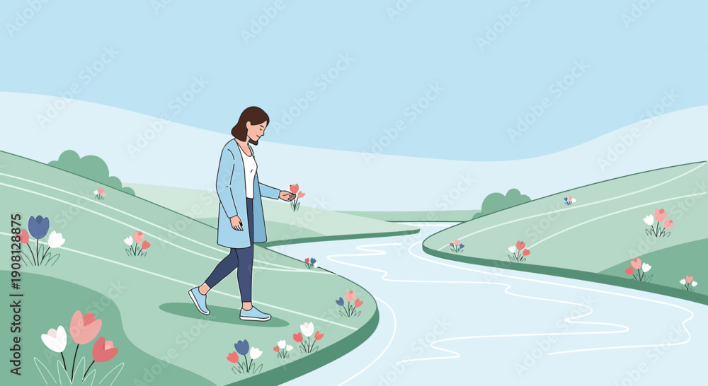 Obraz premium Woman Walking by River Collecting Flowers in Spring Meadow