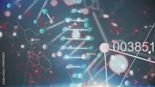 Light flare starting pan, DNA helix rotating, spheres drifting, binary code aligning, showing data
