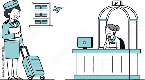 Friendly flight attendant and receptionist at airport check-in counter with luggage