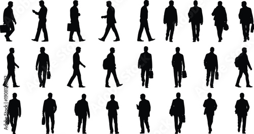 Business men walking silhouettes collection, professional male figures with briefcase isolated on white background for corporate and office concept