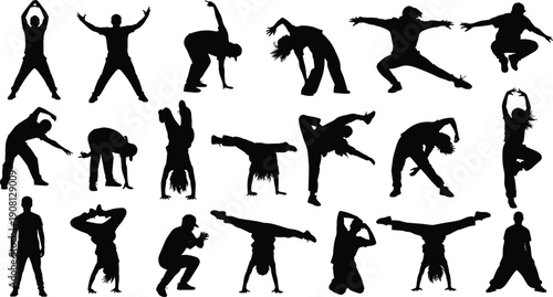Breakdance and hip hop silhouettes collection, dynamic street dancers performing acrobatic moves isolated on white background urban culture concept