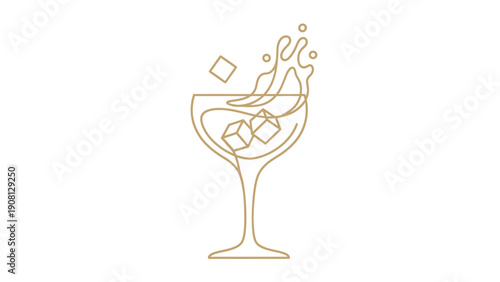 Elegant outline drawing of a cocktail glass with ice cubes and a splash.