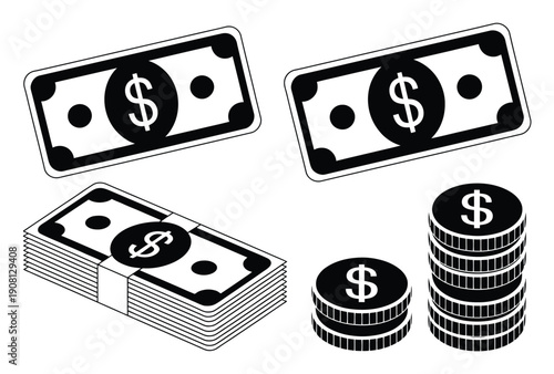 Black and White Icons of US Dollar Bills and Coins