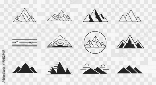A collection of various stylized mountain icons and logos in outline and silhouette forms, suitable for graphic design.