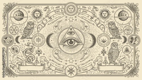 Esoteric Occult Symbols and Mystical Elements Engraved Illustration.