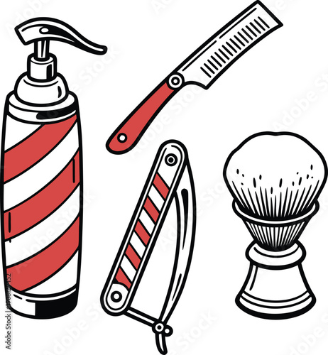 Barber shop icon set. Includes shaving cream, razor, straight razor, shaving brush. Created in line art style with red and white color palette.