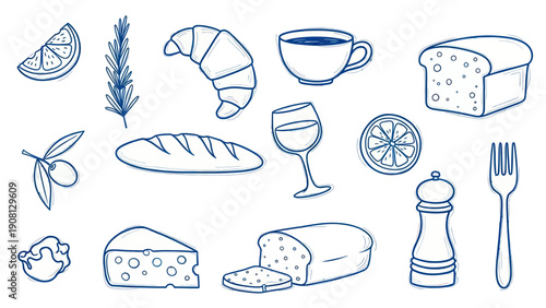 Hand drawn breakfast food and drink elements collection.
