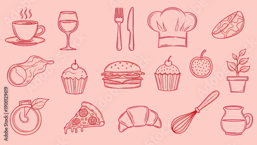 Hand Drawn Collection of Food Drink and Kitchen Utensil Doodles.