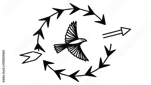 Bird surrounded by circular arrows white background