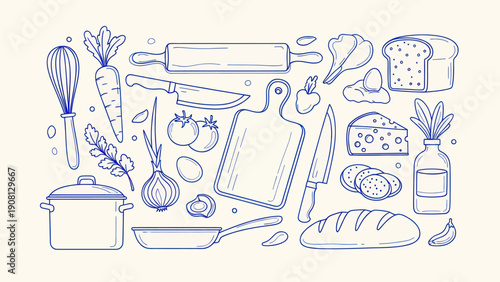 Hand drawn collection of kitchen utensils and fresh ingredients for cooking.