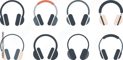 Modern headphones icon vector set with different headset designs, minimal audio listening symbols for music, podcast and technology projects isolated on white