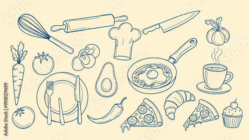 Hand drawn collection of various kitchen utensils and fresh food ingredients.
