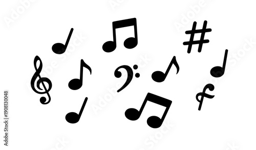 Bold rounded music notes and musical key symbols vector icon collection isolated on white