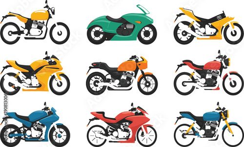 Motorcycle vector illustration set with different modern and classic motorbike designs, colorful sport and street bikes collection isolated on white background