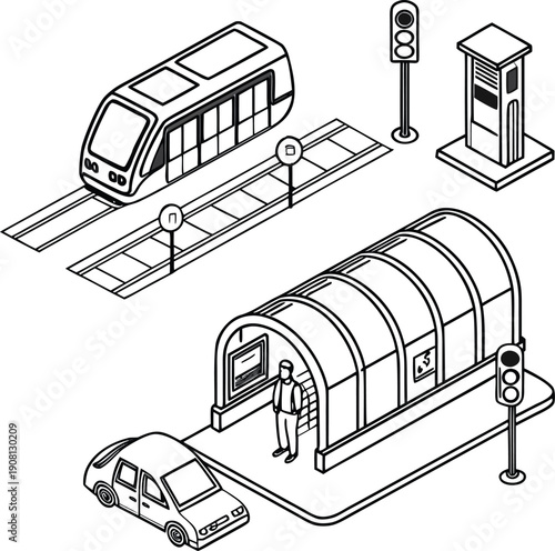 Modern transportation hub with sleek tram and car parking
