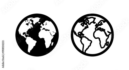 World Map Icons: Continents on Globe in Black and White