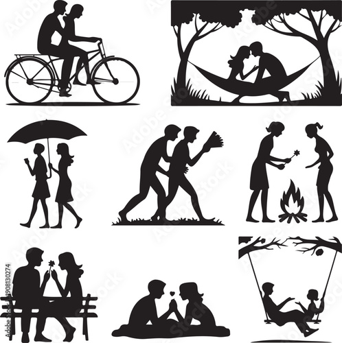 Black silhouettes of couples in various romantic and social interactions