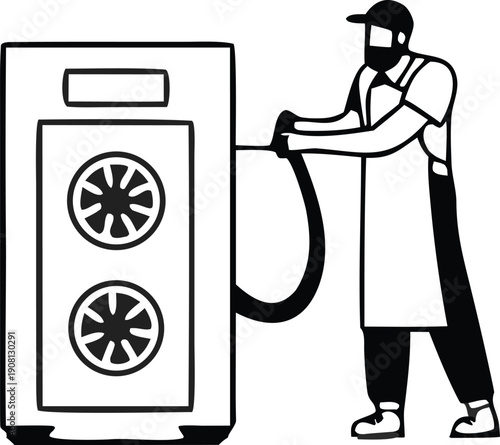 Mechanic refueling gas pump at night