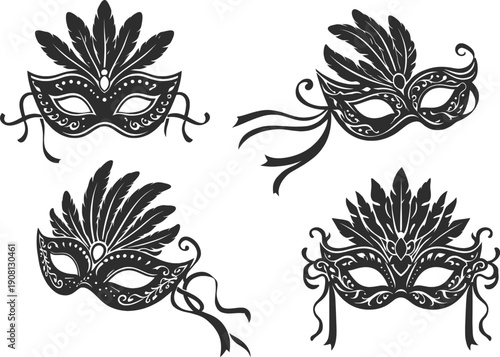 Elegant Venetian Masquerade Masks Collection Ornate Carnival Illustration.