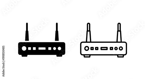 Wireless router icon in solid black and outline, showing antennas and indicator lights for network connection