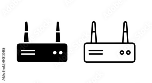 Router icon in solid black and outline with antennas and lights, signifying network and internet connectivity