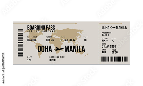 Boarding pass for flight from Doha to Manila with passenger details and flight information