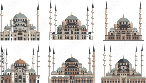 Islamic mosque architecture vector set with detailed domes and minarets, traditional Muslim religious buildings illustration collection isolated on white background