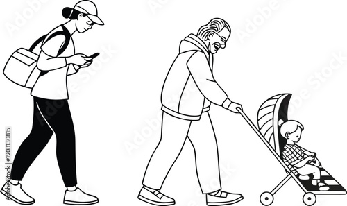 Two busy parents navigate modern urban life with a baby stroller and mobile phone, capturing a moment of multitasking and devotion