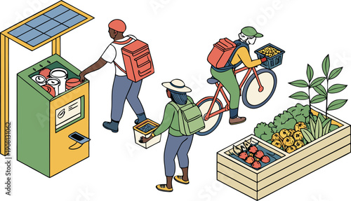 Community members engage in eco friendly practices, exchanging goods and using a solar powered recycling machine, promoting sustainability and green living