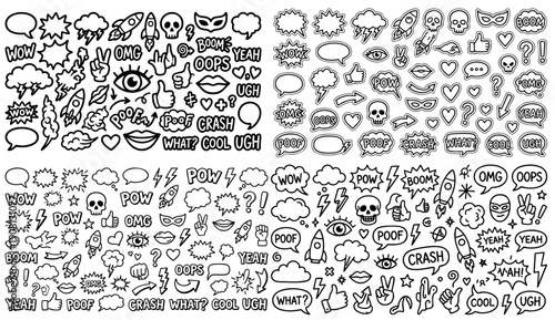 Doodle smiley faces hearts rainbows music notes and arrows collection fun hand drawn elements for creative projects