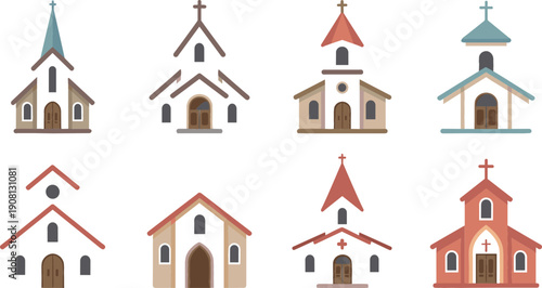 Church building vector illustration set with traditional Christian chapel designs, small religious architecture icons and worship buildings isolated on white background