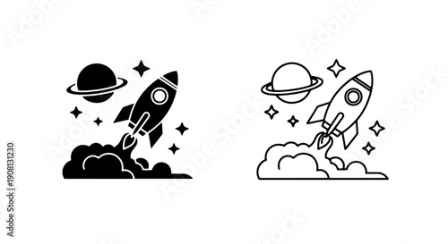 Rocket Launching Past Saturn and Stars - Space Exploration Icon