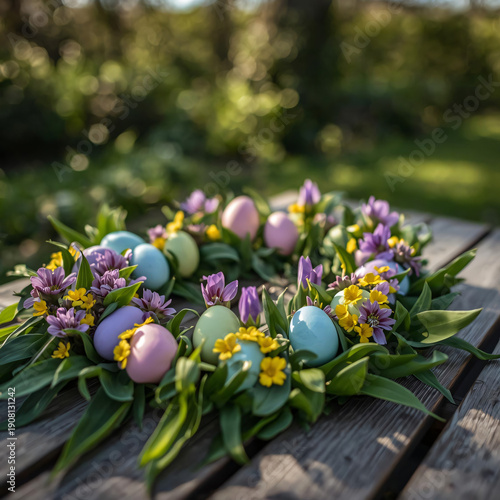  A charming arrangement of colored eggs and fresh flowers in a natural setting, celebrating the joy of Easter in a serene outdoor scene.