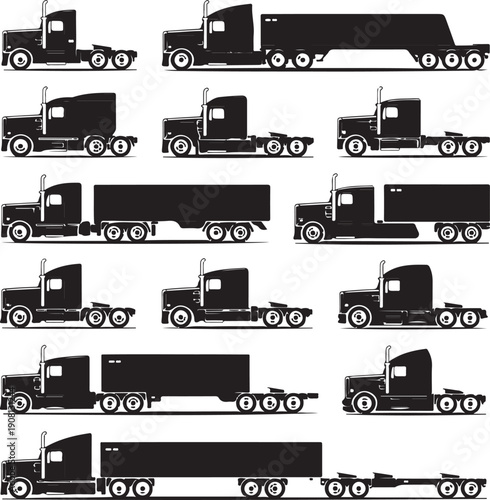 Collection of semi truck silhouettes in various configurations and orientations